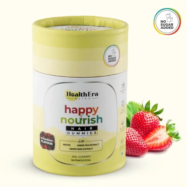 HEALTHERA happy & nourish HAIR GUMMIES | Contains Biotin, Green Tea Extract, Grape Seed Extract & L-Glutathione | Strawberry Flavour | NO ADDED SUGAR | 30 Gummies Pack
